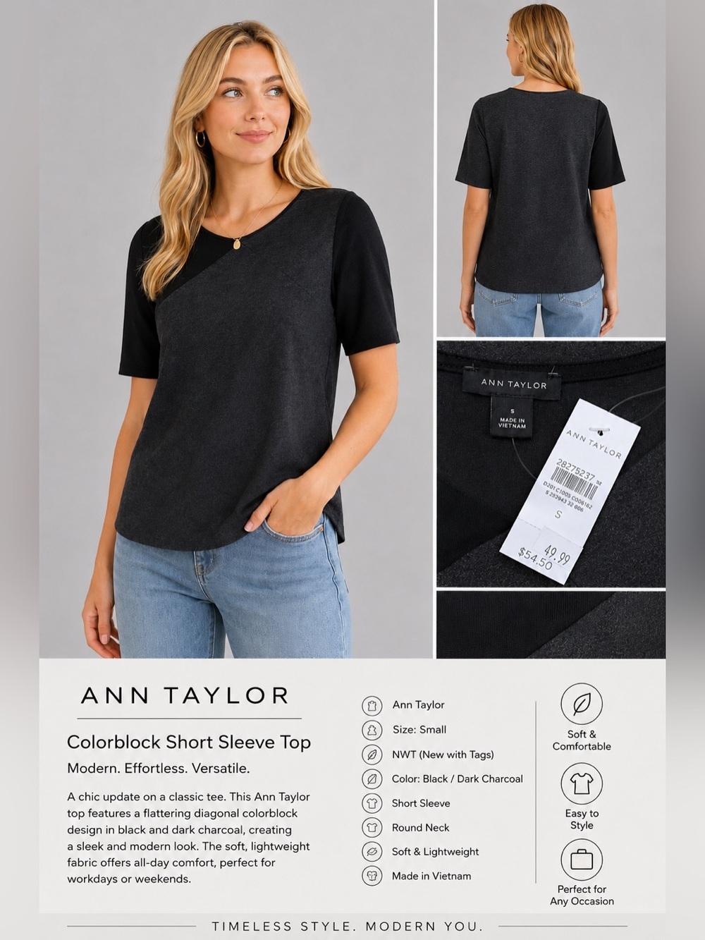 Ann Taylor Colorblock Short Sleeve Knit Top Black & Charcoal Gray Size Small NWT